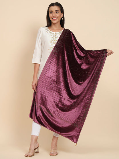 Womenƒ??s Makhamli Velvet Crystal Embellished Stole (Size 71X203 cms )