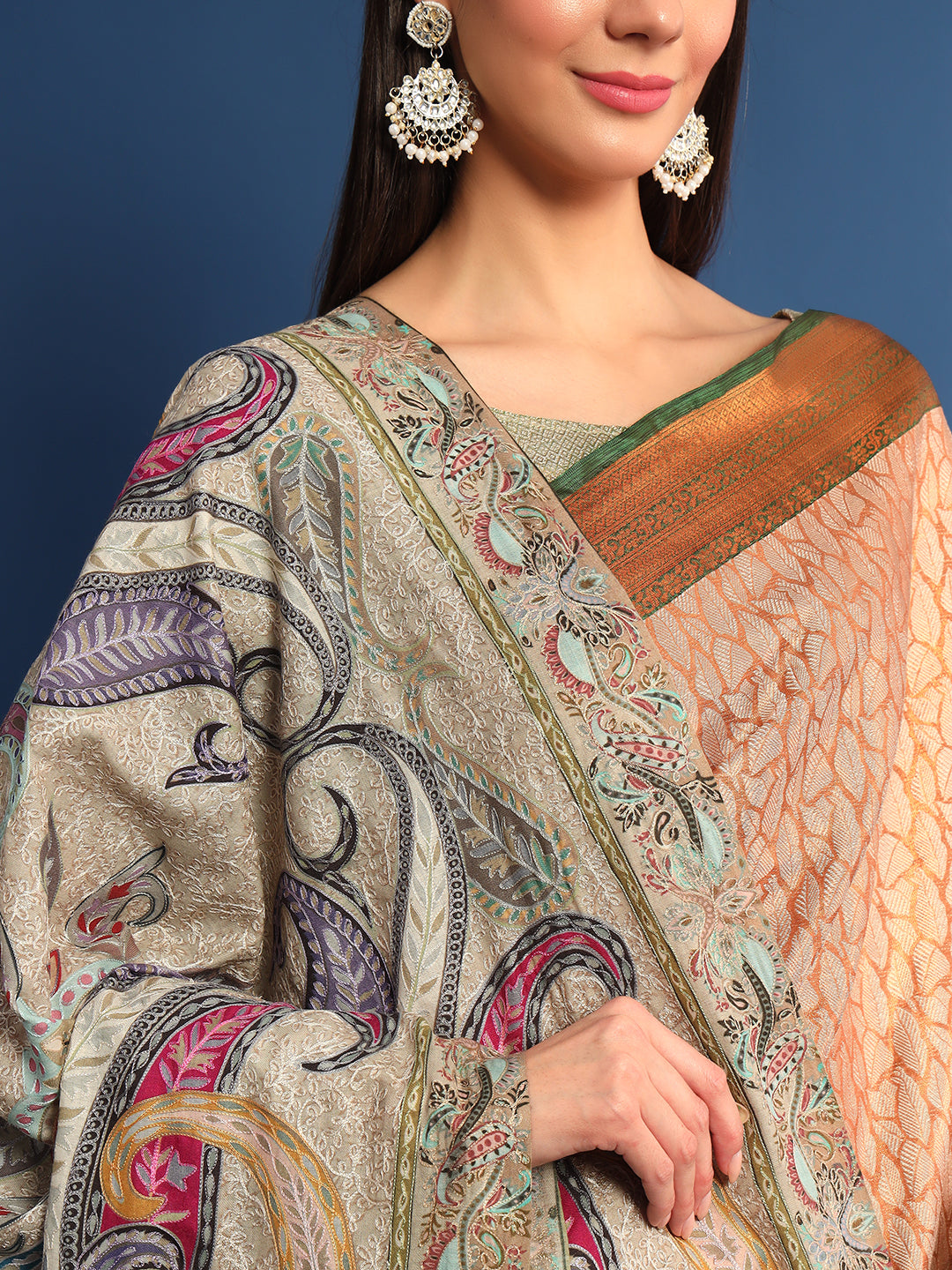 Women Fiza Kalamkari Embroidered Shawl (Size: 115x230 CM)