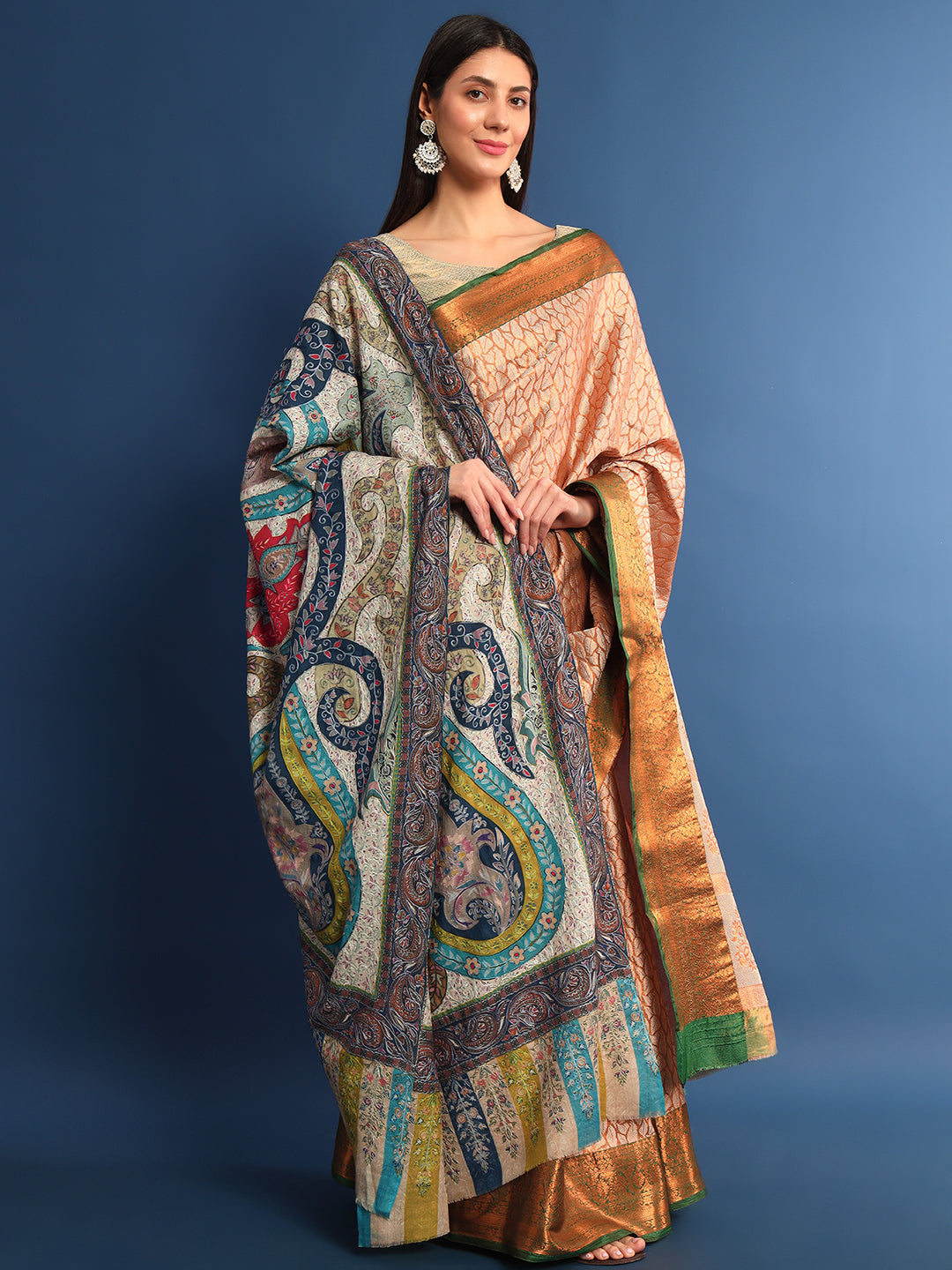 Women Mehar  Kalamkari Embroidered Shawl (Size: 115x230 CM)