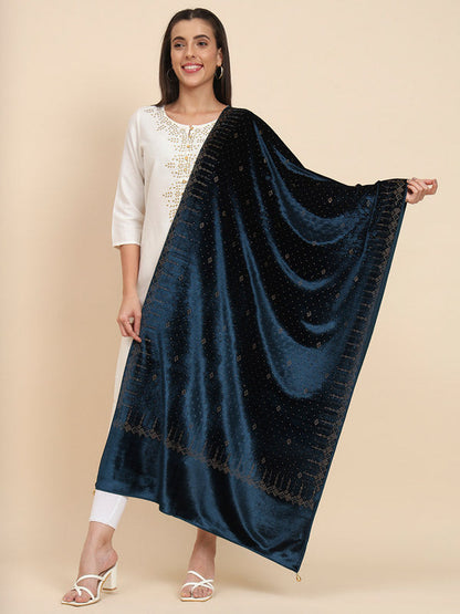 Womenƒ??s Makhamli Velvet Crystal Embellished Stole (Size 71X203 cms )
