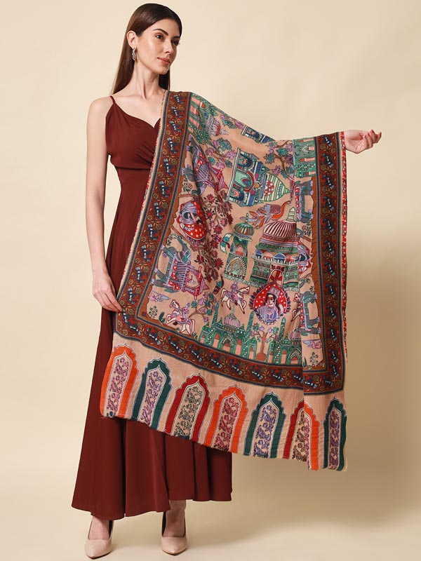 Women's Noor 100% Pure Wool  Kalamkari Hand Embroidered Shawl  (Size: 101 X 203 Cms)