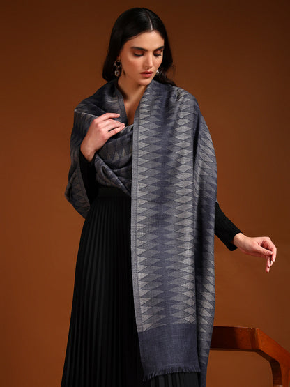 Women 100% Pure Wool Ikat Checkered Stole, Sustainable and Natural Fabric (Size 71x203 CM)