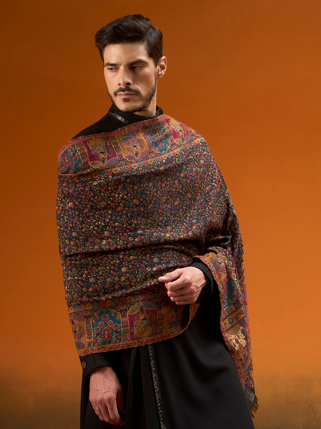 Men Persian Court Fine Wool Kaani Stole (Size: 71 × 203 cm)