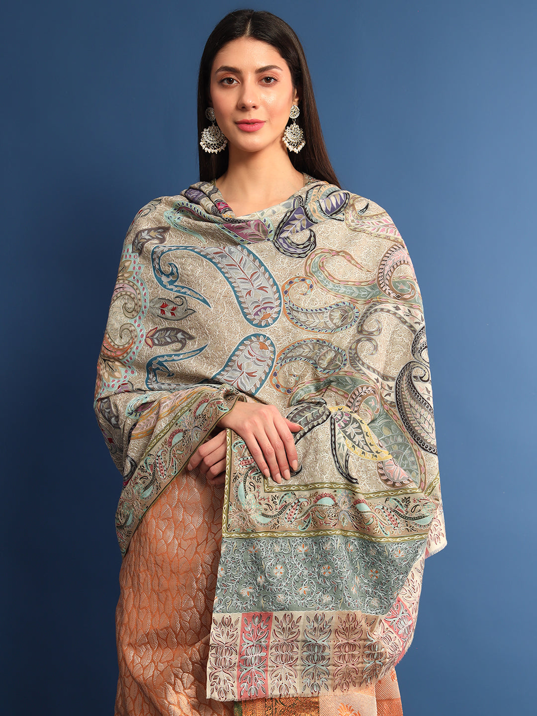 Women Fiza Kalamkari Embroidered Shawl (Size: 115x230 CM)