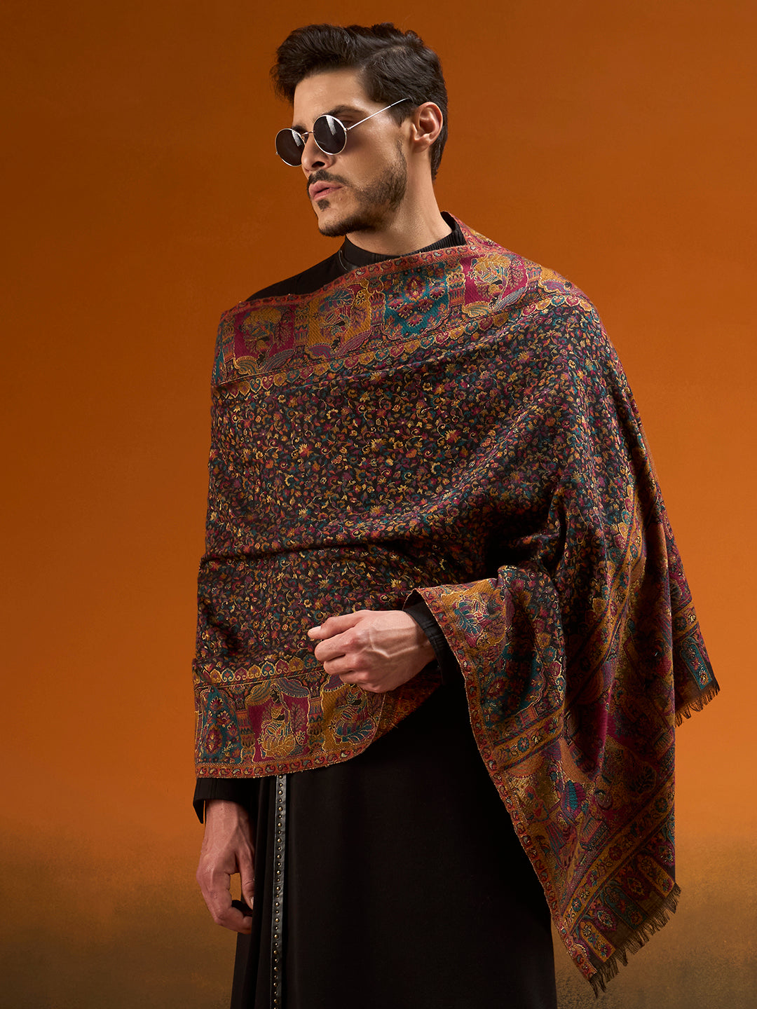Men Persian Court Fine Wool Kaani Stole (Size: 71 × 203 cm)