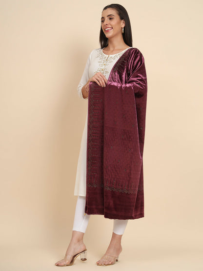 Womenƒ??s Makhamli Velvet Crystal Embellished Stole (Size 71X203 cms )