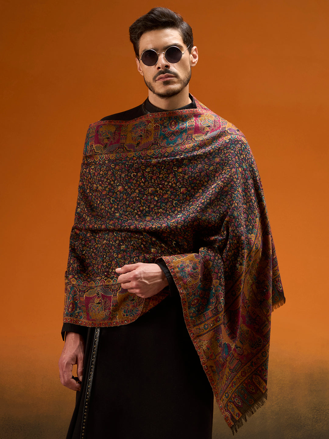 Men Persian Court Fine Wool Kaani Stole (Size: 71 × 203 cm)