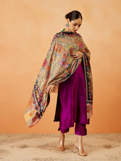 Women Afsha Kalamkari Embroidered Shawl (Size: 101x203 CM)