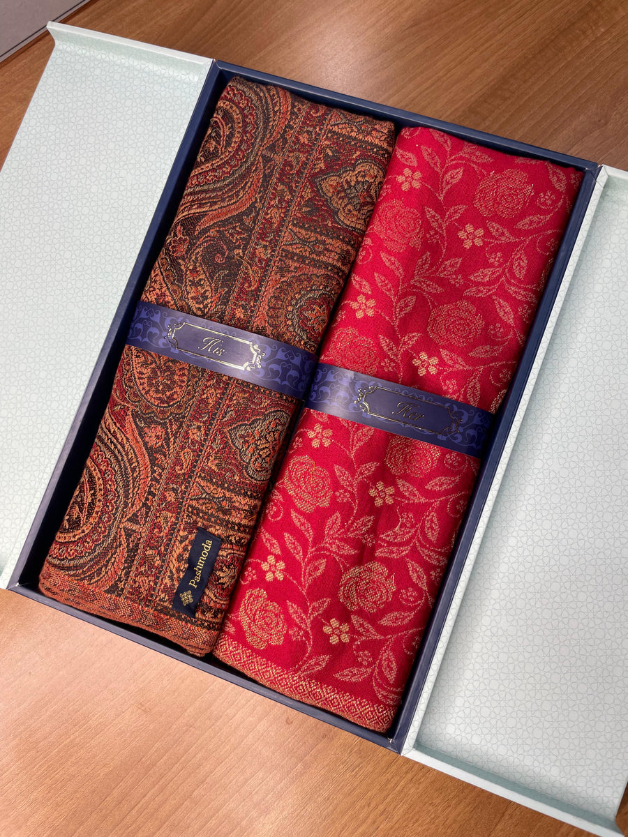 His and Her Gift Set of Jamavar Shawl and kaani Stole With Wooden Gift Box