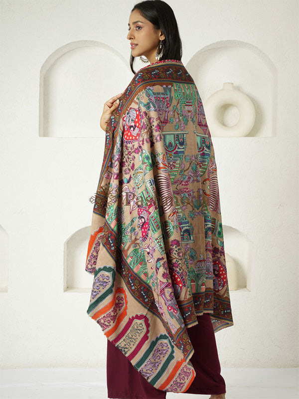 Women's Noor 100% Pure Wool  Kalamkari Hand Embroidered Shawl  (Size: 101 X 203 Cms)
