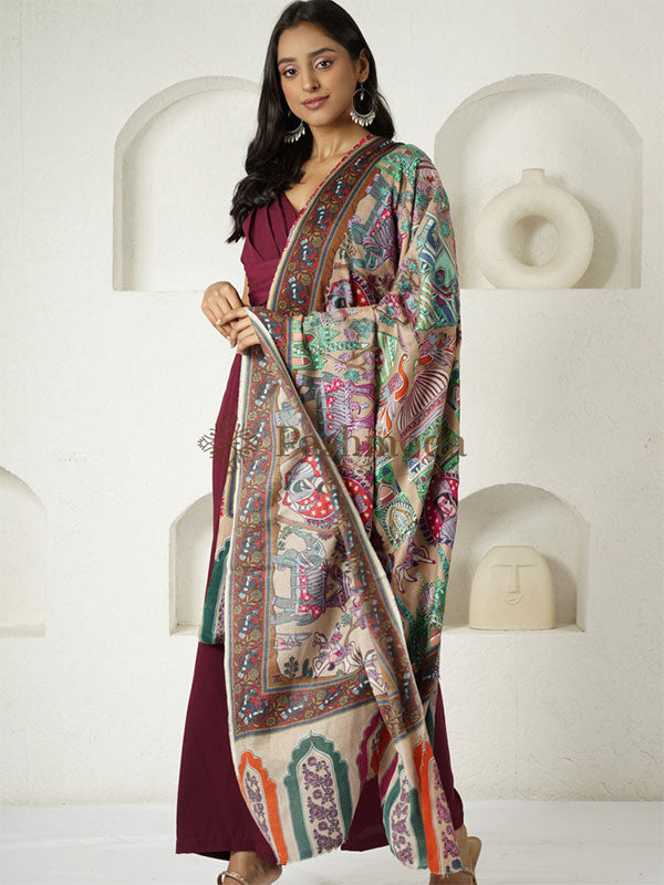 Women's Noor 100% Pure Wool  Kalamkari Hand Embroidered Shawl  (Size: 101 X 203 Cms)