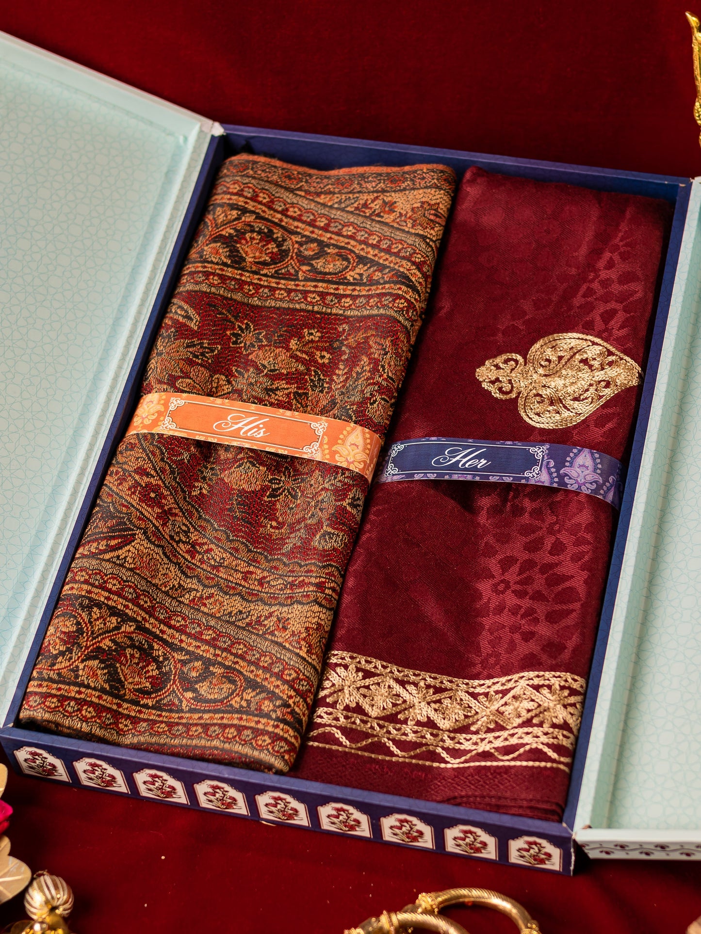 His and Her Gift Set of Antique jamawar shawl and embroidered stole With Wooden Gift Box
