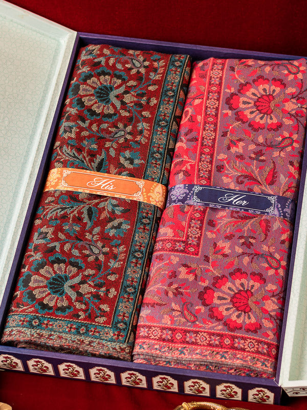 His and Her Gift Set of Kaani shawls With Wooden Gift Box
