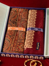 His and Her Gift Set of Jamawar Shawl and Embroidered Stole With Wooden Gift Box