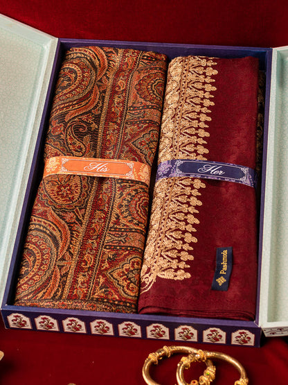 His and Her Gift Set of Jamawar Shawl and Embroidered Stole With Wooden Gift Box