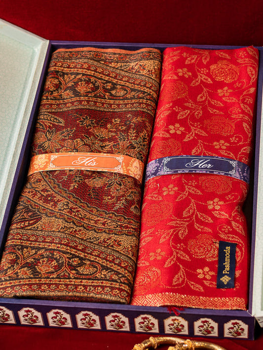 His and Her Gift Set of Jamawar Shawl and Kaani Stole With Wooden Gift Box