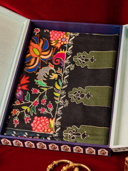 Gift Box of Shaheen Fabric Kalamkari Embroidered Shawl (Size: 101x203 CM)