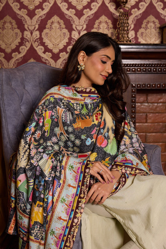 Pashmoda Women Mughal Bagh 100% Pure Wool Fabric Kalamkari Embroidered Shawl (Size: 101x203cm)