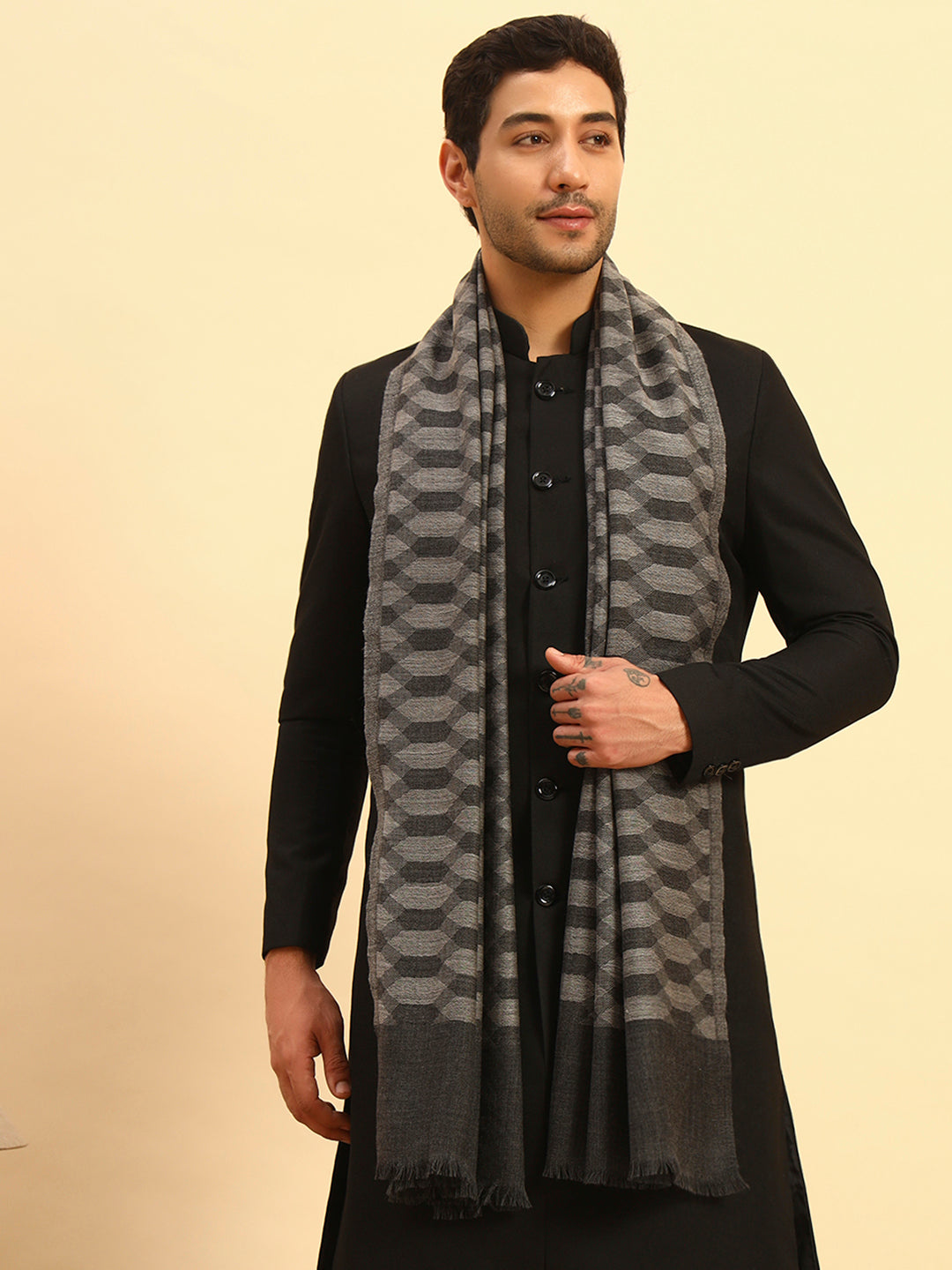His and Her Gift Set of 100% Pure Wool Check Stole and Zari Kaani Shawl With Wooden Gift Box