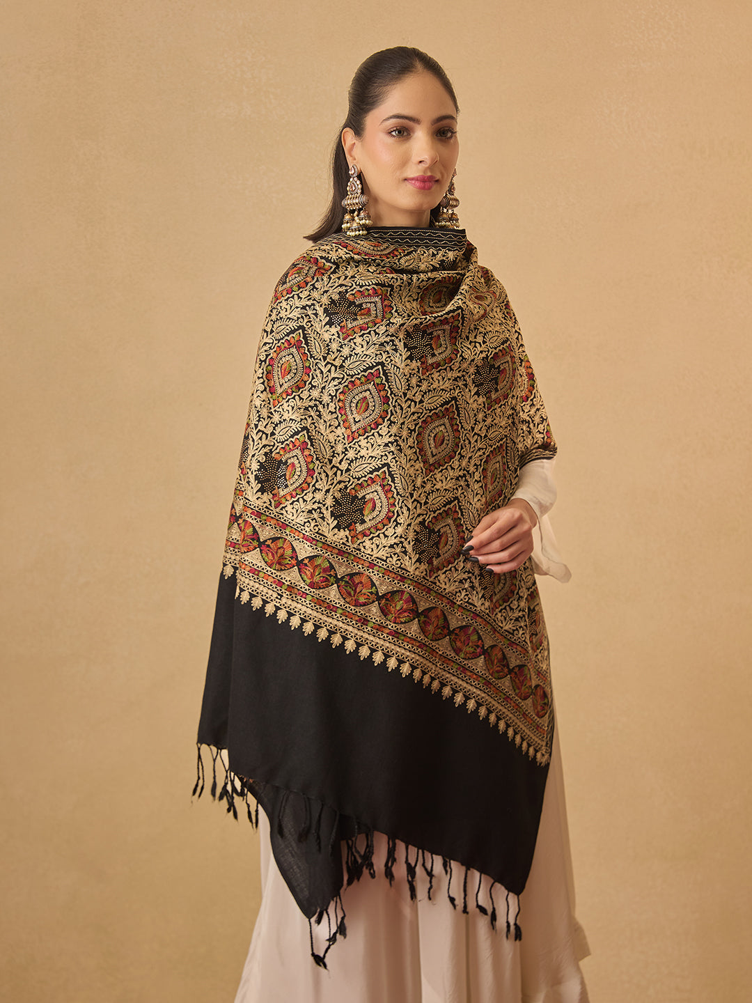 Pashmoda Women Ornate Harmony Fine Wool Nalki Embroidered Stole (Size : 71X203 CM)
